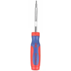 This multi-bit screwdriver includes 14 tips for driving security hex, security Torx, and spanner-head fasteners. It is suited for tamper-resistant applications in electronics, public fixtures, and industrial equipment. Overall length is 9 3/4 inches.