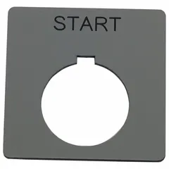 Square non-metallic plastic legend plate for 30 mm panel mounting. Overall height and width 2 1/4 in. Silver finish with black 'Start' legend. Used to label push-button functions in industrial control panels.
