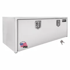 This single drop-down door box from BUYERS PRODUCTS is designed for underbody truck storage. It features a white finish, 24-inch overall depth, and a keyed lock for security. Suitable for organizing tools and equipment in fleet vehicles.