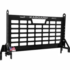 This steel cab protector shields the rear window and cab of service body trucks from cargo shift or impact. It measures 49 inches wide by 27 inches tall and has a gloss black finish. Designed for use with service body trucks.