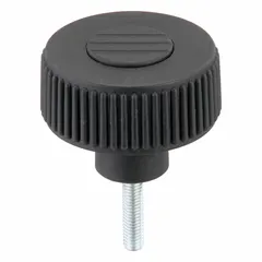 Knurled knob with threaded stud for manual adjustment and clamping on industrial machinery, fixtures, and workholding devices. Plastic body with steel thread insert. #10-32 thread, 20 mm thread length, 40 mm diameter, gray color.