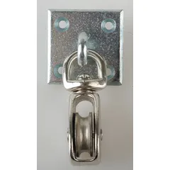 This side-mount swivel pulley block is designed for lifting and pulling applications. It features a steel construction with an upright mount and bolt-on sleeve configuration. Suitable for use in material handling and rigging setups where a mounted pulley is required.