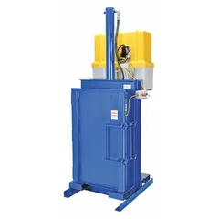 Hydraulic-powered drum crusher-compactor for 55-gallon metal drums. Operates on 460V AC three-phase power with a totally enclosed AC motor. Features automatic reset. Dimensions: 25 in x 25 in x 35.75 in. Used in industrial facilities for reducing drum volume for disposal or recycling.