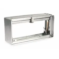 Dynamic-rated rectangular fire damper with curtain blade and spring closure. Galvanized steel frame. For vertical mounting in HVAC ductwork to maintain fire-rated compartmentation. Dimensions: 5 3/4 in height, 9 3/4 in width, 3 3/4 in length.
