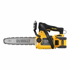 This battery-powered chainsaw features a top handle design for maneuverability in tight spaces and overhead cutting. It includes an automatic chain oiler for consistent lubrication during operation. Powered by a 20 V battery system with a 9.0 Ah capacity, it is suited for pruning, limbing, and light tree felling tasks.