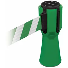 Plastic barrier tape belt designed for use with traffic cones. Green belt and housing with blank legend for general hazard marking. Belt height 9 in, overall height 3/4 ft, maximum belt length 11 7/8 ft. Suitable for temporary pedestrian or vehicle barriers in construction sites, parking lots, and event crowd control.