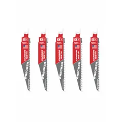 This 5-pack of general purpose reciprocating saw blades features a 6-inch length and 0.05-inch thickness. Designed for cutting wood, metal, and plastic in demolition, construction, and maintenance tasks, the rigid tapered geometry enables straight cuts in materials up to 6 inches thick.