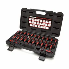 This terminal cleaner kit is designed for cleaning and maintaining electrical terminals in vehicle electrical systems. The kit includes steel tools and an ABS/steel case, measuring 10 inches wide and 2 3/4 inches high. It helps remove corrosion and debris to ensure reliable connections in automotive electrical systems.