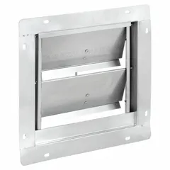 This wall-mount backdraft damper features a single-panel flat blade design for horizontal airflow. It is mounted vertically and measures 13 inches high by 13 inches wide by 2 inches deep. Suitable for use in ventilation systems where one-way airflow is required, with a maximum air velocity of 2500 fpm.
