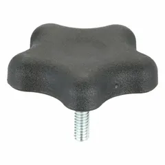 This 5-arm knob features a plastic body with a steel threaded stud for manual clamping and adjustment on machinery, jigs, and fixtures. Thread size is 1/4"-20 with a 1 in thread length. Suitable for frequent hand-tightening applications where corrosion resistance is needed.