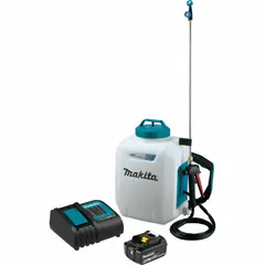 This battery-powered backpack sprayer is designed for garden and agriculture applications. It has a 2 5/8 gal tank capacity and is chemically compatible with pesticides.