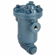 Cast-iron inverted-bucket steam trap with 1-inch FNPT connections, in-line configuration, and horizontal installation. Rated for 4400 lb/hr maximum capacity, 125 psi maximum pressure, and 450°F maximum temperature. Integral strainer protects downstream equipment. Used to remove condensate from steam lines in industrial heating and process systems.