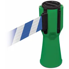 This blank blue plastic barrier tape belt is designed for use with traffic cones. It has a 9-inch belt height, a maximum belt length of 11 7/8 feet, and a 3/4-foot overall height. The green plastic housing encloses the tape, which can be used to delineate areas without pre-printed legends.