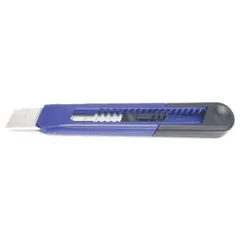 This snap-off knife uses standard 18mm blades with 8 segments, allowing quick segment snapping for a fresh cutting edge without tools. It stores one blade internally and features a plastic handle in black and blue. Suitable for cutting cardboard, drywall, plastic strapping, and other sheet materials.