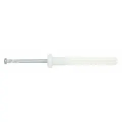 Round nylon nail drive anchors with plain finish, 1-1/2 in overall length, supplied in a 100-pack. Designed for fastening fixtures, conduit, and equipment to concrete, block, or brick. Nylon construction provides corrosion resistance and allows for removal if needed.