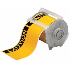 Precut vinyl label rolls with CAUTION header for industrial safety identification. Each label measures 4 in x 6 1/4 in and 6 1/4 in x 4 in, white with acrylic adhesive. Compatible with GlobalMark 2 printer series. Suitable for hazard communication on equipment, pipes, or workspaces.