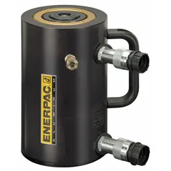 Double-acting hydraulic ram with 50 ton nominal capacity and 4 in nominal stroke. Aluminum construction reduces weight for portable use. Suitable for lifting, pressing, and positioning in heavy maintenance, fabrication, and construction.