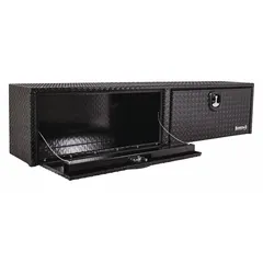 This topside box features double drop-down doors and a keyed lock for secure storage. With a 72-inch overall width and black finish, it mounts on pickup truck beds to organize and protect tools and equipment from weather during transport.