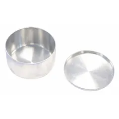 Round aluminum weighing boat with 27 mL capacity and 2 1/2 in overall width. Suitable for weighing, transferring, and drying solid samples in laboratory settings. Silver finish, no finger tab.
