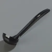 This CARLISLE ladle is made of black polycarbonate with an unfinished finish. It has a 1 oz capacity and an overall length of 9 1/2 inches. NSF Certified, it is suitable for portioning and serving liquids in commercial kitchens and food service settings