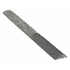 Half-round wood rasp with blunt nose, 10-inch length, and safe edge cut. Dual tooth patterns (18 and 12.5 teeth per inch) enable rough shaping and fine finishing of wood. Suitable for carpentry, woodworking, and pattern making.