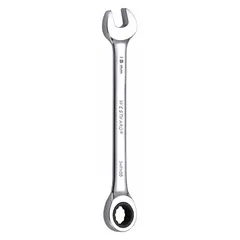 This metric 12-point ratcheting combination wrench is constructed from alloy steel with a chrome finish. It features a 15 mm head size and a 7 7/8 in overall length, designed for general fastening tasks such as tightening or loosening bolts and nuts in automotive, industrial, and maintenance applications.