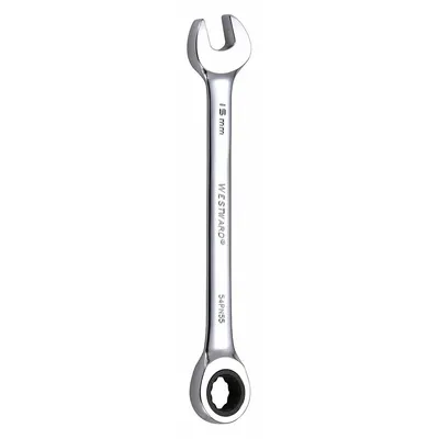 WESTWARD Combination Wrench: Alloy Steel, Chrome, 15 mm Head Size, 7 7/8 in Overall Lg - Metric 12-Point Ratcheting Combination Wrenches