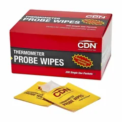 CDN PW200 probe wipes are unscented, alcohol-based wipes designed for cleaning and disinfecting probes and sensors. The alcohol formula evaporates quickly, leaving no residue to maintain measurement accuracy. Suitable for use in laboratory, food processing, and HVAC applications.
