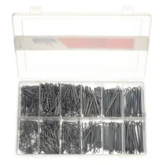 This cotter pin assortment contains 1,200 pieces across 10 bridge sizes. Pins are made of steel (1008) with a zinc-plated finish and are inch-sized. Used for securing mechanical assemblies in general industrial applications.