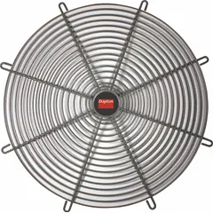 Steel outlet guard with polyester urethane finish, designed for use with 5TCN0 fan models. Features 3/8-inch wire spacing and includes mounting hardware. OSHA compliant for personnel protection in ventilation and air-moving applications.