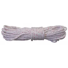 This 5/8-inch diameter dynamic rope is made of white polyester and has a working load limit of 1,100 lb. It is designed for rigging and climbing applications where controlled stretch and energy absorption are required.