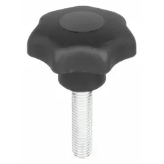 Plastic 7-arm knob with steel threaded stud. M12 thread, 45 mm thread length, 63 mm diameter. Used as a hand-operated adjustment or clamping component on industrial machinery, jigs, and fixtures.