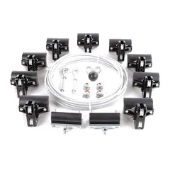 This wire rope festoon kit is designed for a 60 ft system length and requires a minimum of 76 ft of flat cable or hose. It includes trolleys for use on a wire rope track. Typical applications include supplying power or control signals to moving equipment such as overhead cranes, hoists, or conveyors.