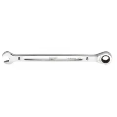 This 8 mm metric combination wrench features a 12-point ratcheting box end for faster fastener turning without repositioning, and a standard open end for initial loosening or final tightening. Made of chrome vanadium steel with a chrome finish, it is suited for mechanical and maintenance tasks on metric fasteners.