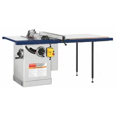 This 12 in cabinet table saw operates at 240 V AC, drawing 16 A with a maximum blade speed of 3,450 RPM. Designed for precision ripping, crosscutting, and mitering in woodworking applications, it handles hardwoods, softwoods, and sheet goods for cabinet making, furniture production, and general fabrication.