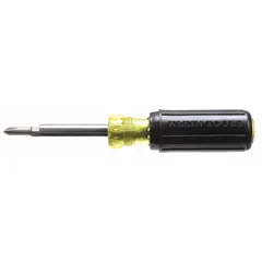 General purpose multi-bit screwdriver with four interchangeable tips: #1 and #2 Phillips, and 3/16 in and 9/32 in slotted. Suitable for driving Phillips and slotted fasteners in electrical, construction, and maintenance tasks.