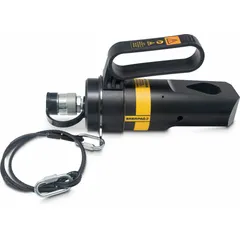 The ENERPAC NSH6575 is a 50-ton capacity hydraulic nut splitter for bolt sizes from 1-3/4 in to 1-7/8 in. It has a 20 cu in oil capacity and is used to split corroded or seized nuts without damaging bolts or surrounding components in maintenance and repair applications.