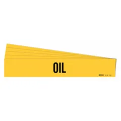 Yellow adhesive pipe marker with black legend reading 'Oil' for identifying oil piping systems. Fits pipe outer diameters from 2-1/2 to 7-7/8 inches. Pack of 5 markers without arrows. Suitable for industrial facilities where clear pipe content identification is required.