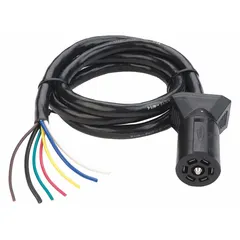 This 7-way T-connector links a vehicle's electrical system to a trailer, supporting brake lights, turn signals, and running lights. Constructed from PVC with 12/14 gauge wire, it is suited for fleet and vehicle maintenance applications requiring a weather-resistant connection.