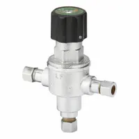 This point-of-use thermostatic mixing valve blends hot and cold water to maintain a consistent outlet temperature. It features 3/8 inch inlet and outlet connections and a polymer thermoplastic shuttle. Commonly used in plumbing systems where precise water temperature control is required