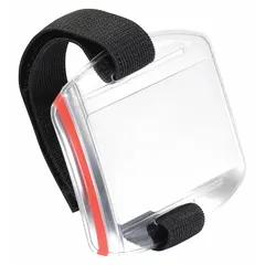 Clear plastic badge pouch for horizontal display of ID cards or name tags. Each pouch measures 4 5/16 inches wide by 3 15/16 inches high. Supplied in a pack of 10. Suitable for use with armbands or lanyards in access control and identification applications.