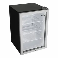 This DANBY mini refrigerator offers 2.6 cu ft of total capacity with automatic defrost and four shelves for organized storage. The glass swing door allows easy viewing of contents, making it suitable for offices, dorm rooms, or small kitchens. It operates on a standard 3-prong plug and is finished in silver.