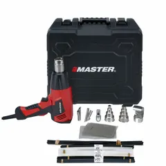 Standard pistol-grip heat gun operating on 120V AC with a two-prong plug. Draws 13 A current and features an LCD display. Suitable for plastic welding, tacking, and shrink-tubing applications in repair and fabrication tasks.