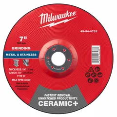Type 27 ceramic grinding wheel for carbon and stainless steel. 7-inch diameter, 1/4-inch thickness, 7/8-inch arbor. 24 grit for heavy stock removal and blending. Reduces heat buildup during grinding.