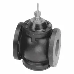 Cast iron body globe valve with stainless steel stem, 2 1/2 in flanged connections, and 51 CV flow rating. Normally closed configuration with stem up to close action. Used for on-off or modulating control of water flow in hydronic HVAC systems.