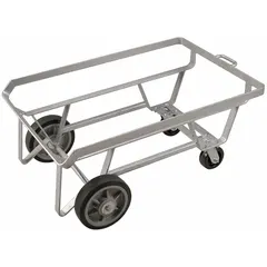 This dumping-style hopper undercarriage is designed for large-volume color-coded modular tub carts. It measures 41 1/8 in length, 27 1/4 in width, and 19 1/8 in height, with a caster/wheel configuration of (2) axle-mounted wheels. Suitable for industrial material handling and bulk transport applications requiring mobility and dumping capability.