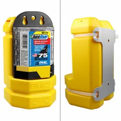 Plastic, wall-mountable container for safe disposal of used utility blades. Holds approximately 750 blades. Yellow color. Suitable for workshops, warehouses, and construction sites where secure blade storage is required.