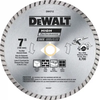 DEWALT Diamond Saw Blade: Masonry, 7 in Blade Dia., 7/8 in Arbor Size, Dry, For Angle Grinder - Concrete & Asphalt-Cutting Blades