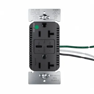 LEGRAND TR20HUSBPD65BK Hospital-Grade Duplex Receptacle with USB Charger - Hospital-Grade Receptacles with USB Chargers