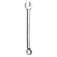 This metric combination wrench features a 12-point box end and an open end, both sized for 7 mm fasteners. The offset design provides improved access in confined spaces. Constructed of alloy steel with a chrome finish, it has an overall length of 5 1/4 inches. Suitable for tightening or loosening bolts and nuts in automotive, machinery, and general assembly applications.